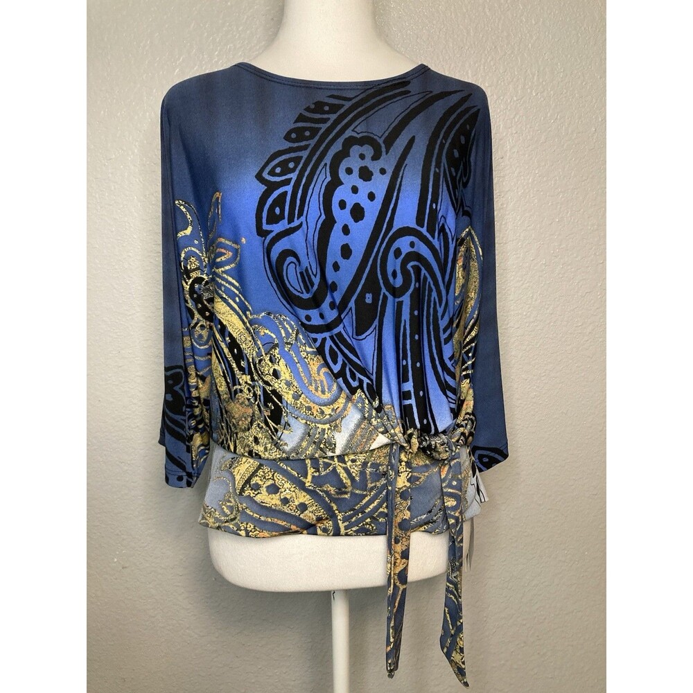 Clara Sun Woo Tunic Top Women's L Silky Blouse Blue Gold Side Tie Glam Career